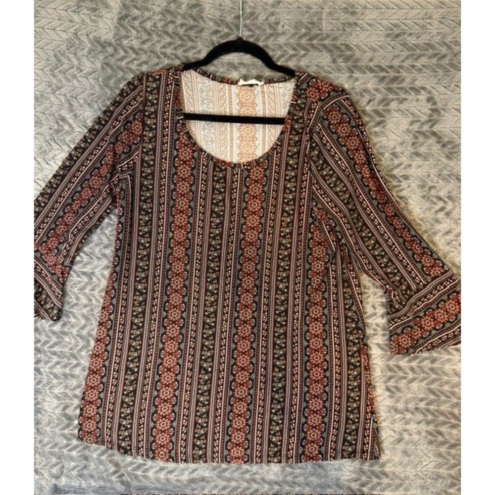 Rue Juju Boho Floral Stripe Bell Sleeve Tunic Top Rust Black Large 0186